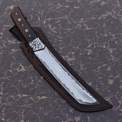 D2 tool steel handmade Tanto blade hunter with tooled leather sheath San Mai type
