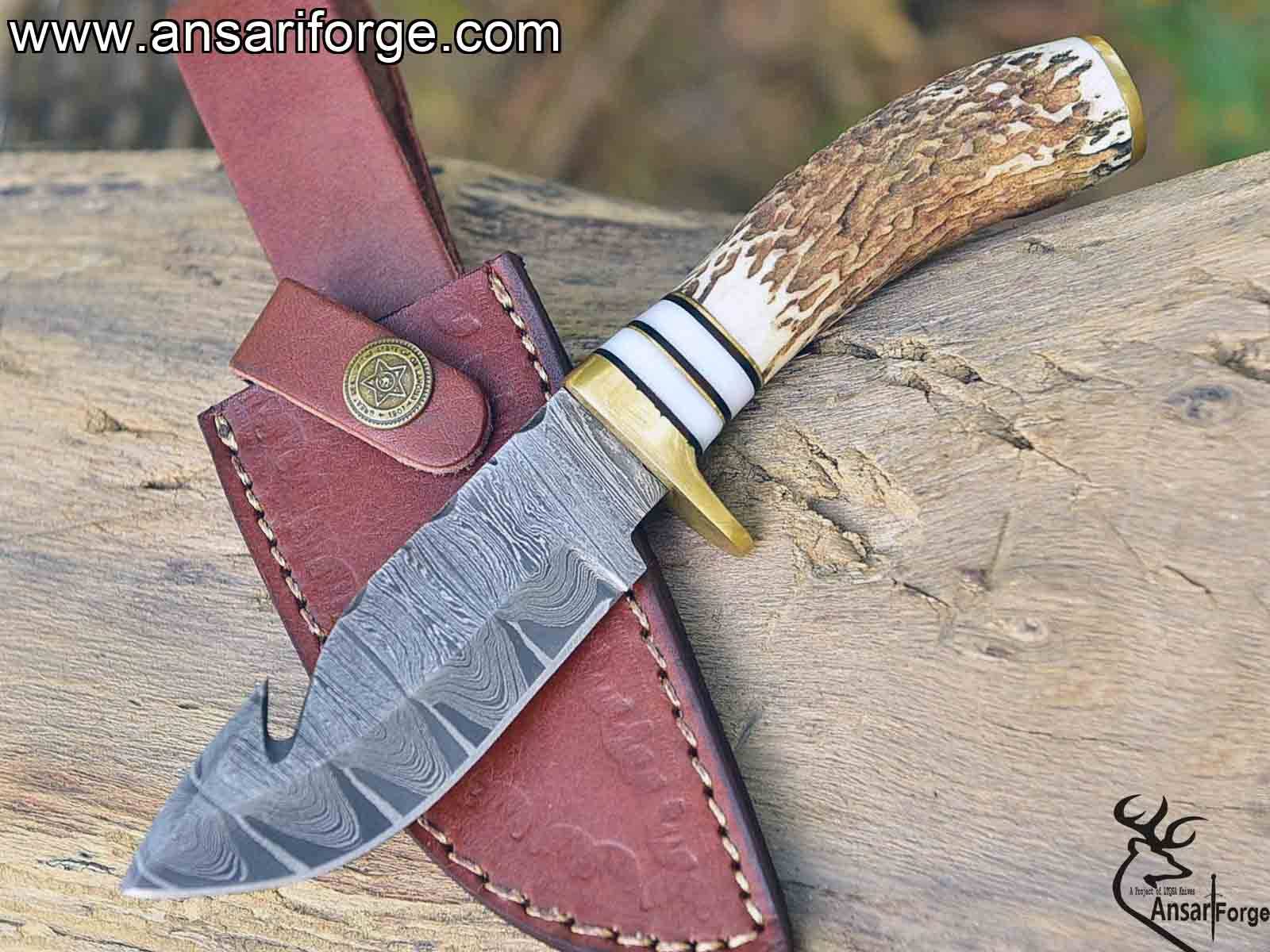 Damascus Steel Gut Hook Knife For Skinning Hunting 9 inch Fixed Blade Stag Handle Leather Sheath