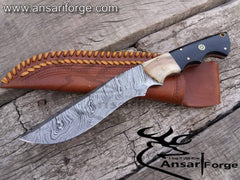 Damascus Steel Hunting Knife Handmade Forged Fixed Blade With Leather Sheath