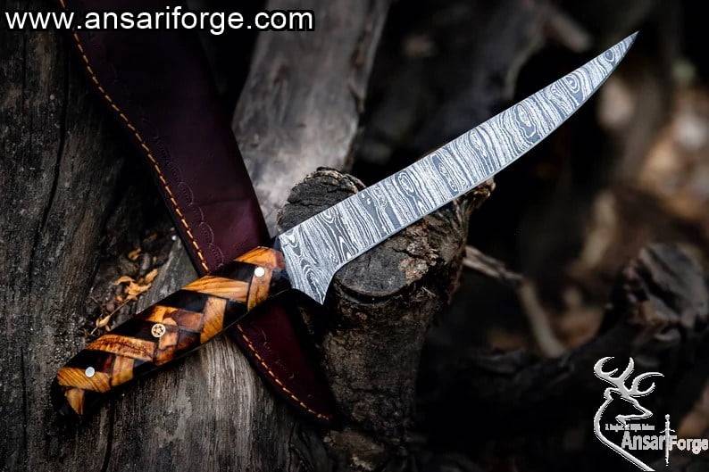 Custom Handmade Damascus Steel Fillet Knife With Beautiful Handles Rosewood & Olive With Sheath
