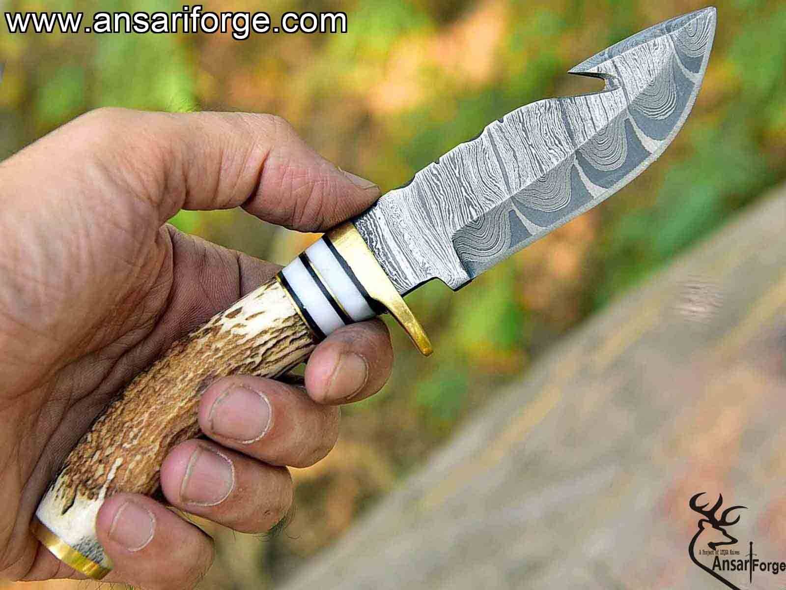 Damascus Steel Gut Hook Knife For Skinning Hunting 9 inch Fixed Blade Stag Handle  Leather Sheath