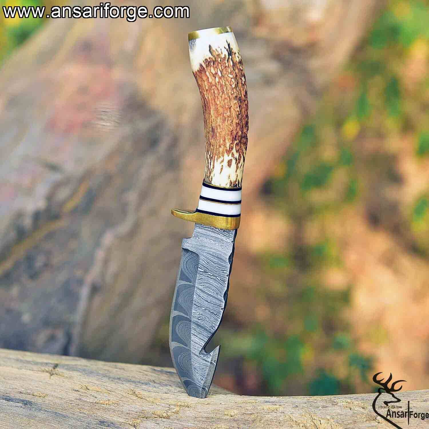 Damascus Steel Gut Hook Knife For Skinning Hunting 9 inch Fixed Blade Stag Handle  Leather Sheath