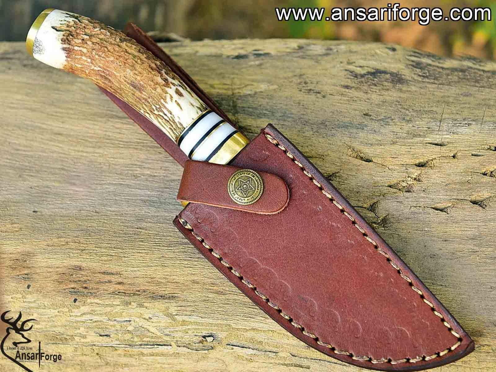 Damascus Steel Gut Hook Knife For Skinning Hunting 9 inch Fixed Blade Stag Handle  Leather Sheath