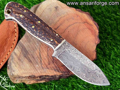 7 Inch Damascus Steel Hunting Knife Stag Antler Handle