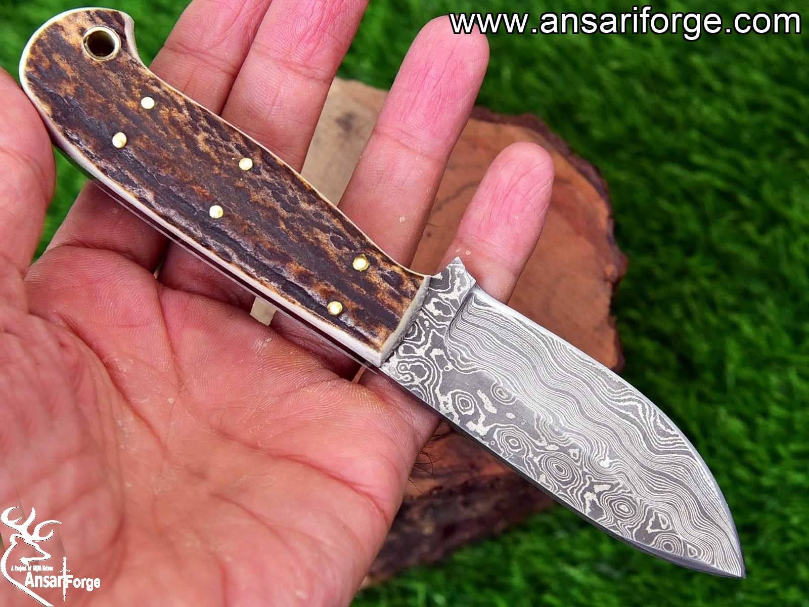 7 Inch Damascus Steel Hunting Knife Stag Antler Handle