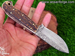 7 Inch Damascus Steel Hunting Knife Stag Antler Handle
