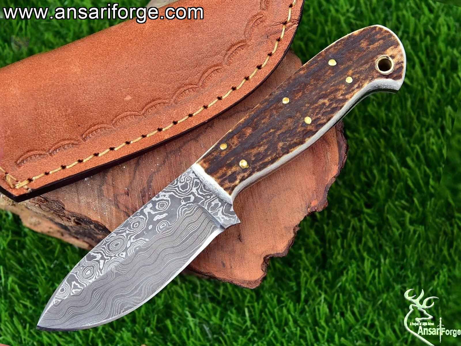 7 Inch Damascus Steel Hunting Knife Stag Antler Handle