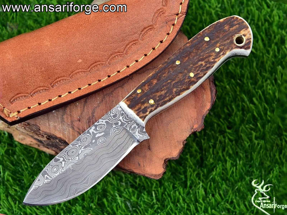 7 Inch Damascus Steel Hunting Knife Stag Antler Handle