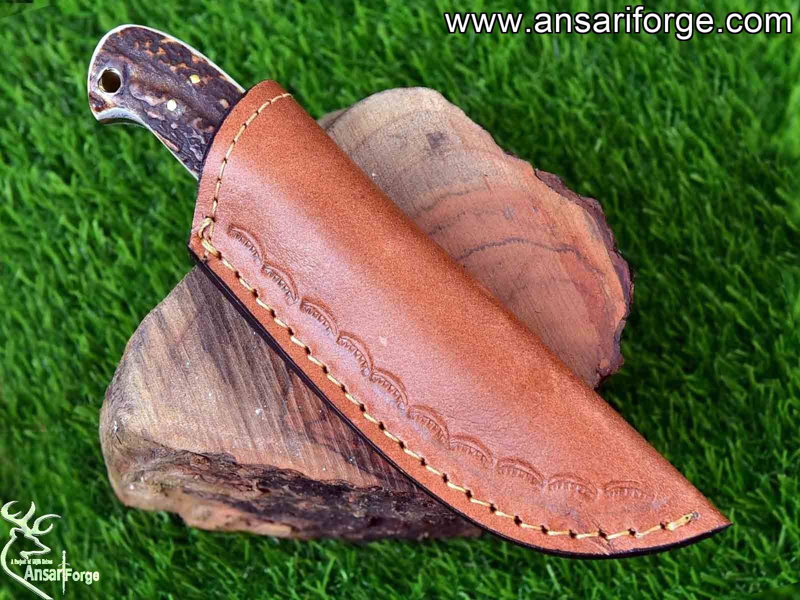 7 Inch Damascus Steel Hunting Knife Stag Antler Handle