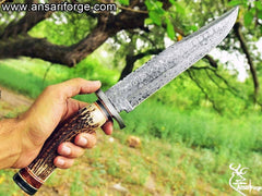 14-inch Bowie Knife Damascus Steel Fixed Blade Full Tang Stag Antler Handle with Leather Sheath- Handmade Custom Knives