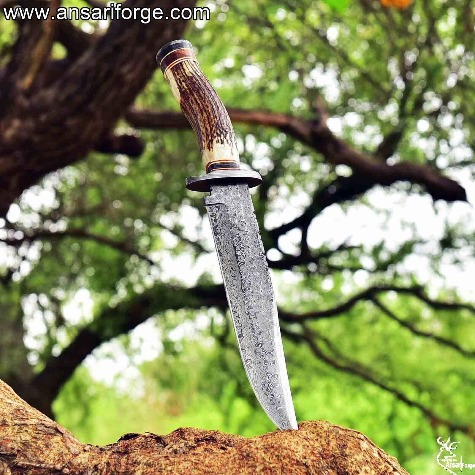 14-inch Bowie Knife Damascus Steel Fixed Blade Full Tang Stag Antler Handle with Leather Sheath- Handmade Custom Knives