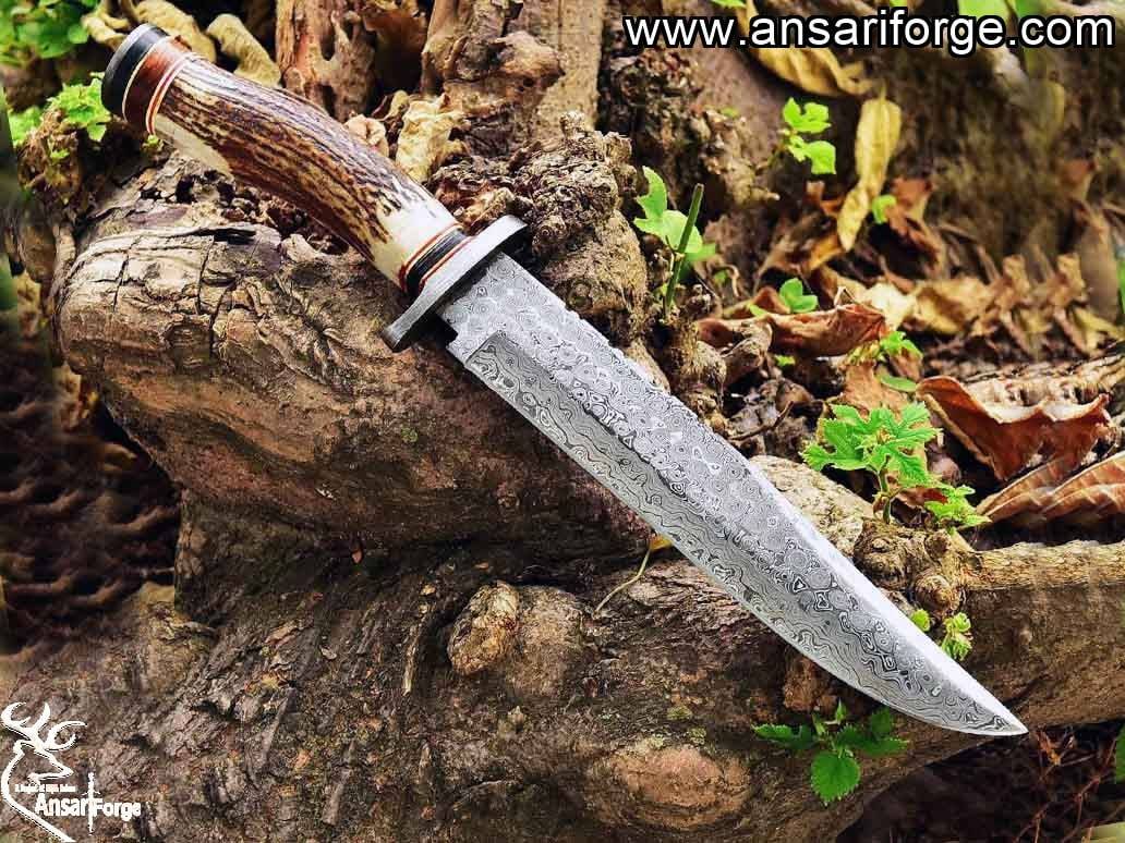 14-inch Bowie Knife Damascus Steel Fixed Blade Full Tang Stag Antler Handle with Leather Sheath- Handmade Custom Knives