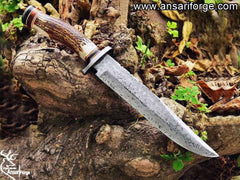 14-inch Bowie Knife Damascus Steel Fixed Blade Full Tang Stag Antler Handle with Leather Sheath- Handmade Custom Knives