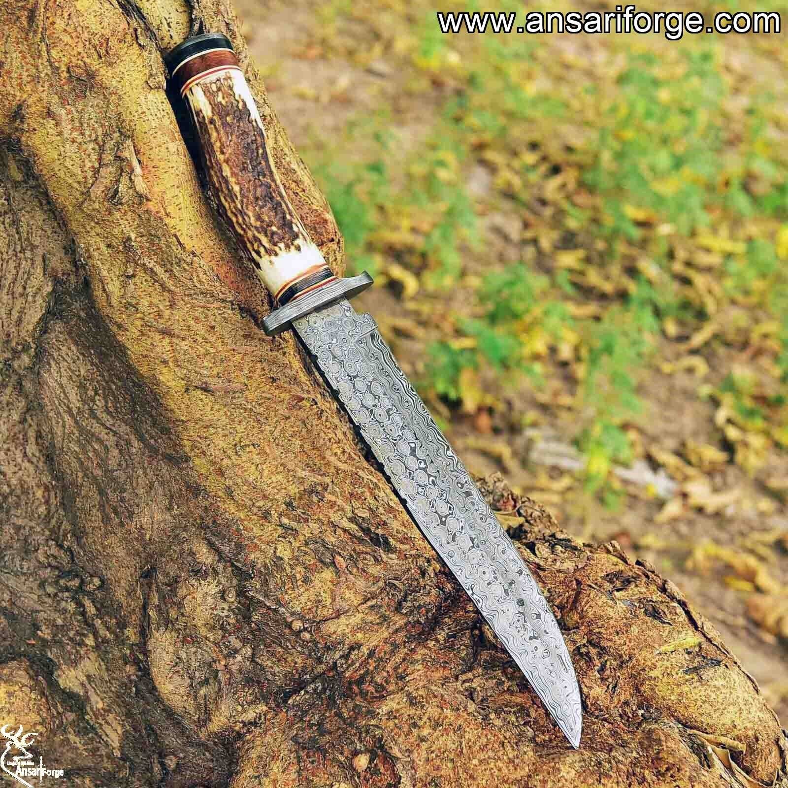 14-inch Bowie Knife Damascus Steel Fixed Blade Full Tang Stag Antler Handle with Leather Sheath- Handmade Custom Knives