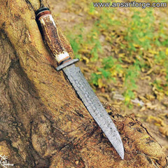 14-inch Bowie Knife Damascus Steel Fixed Blade Full Tang Stag Antler Handle with Leather Sheath- Handmade Custom Knives