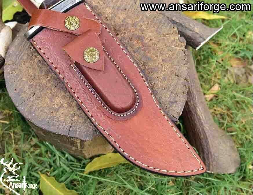 14-inch Bowie Knife Damascus Steel Fixed Blade Full Tang Stag Antler Handle with Leather Sheath- Handmade Custom Knives