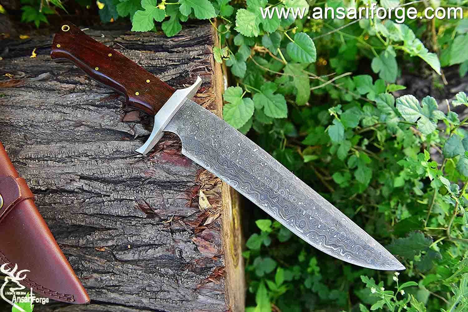 Handmade Damascus steel rain drop Bowie knife with leather sheath