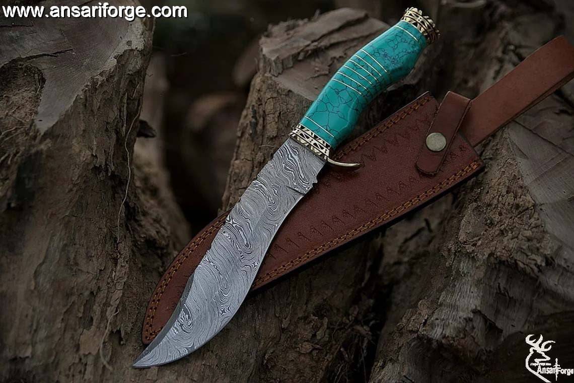 Custom Handmade Damascus Bowie Knife - Turquoise stone handle, brass accents & leather sheath.
