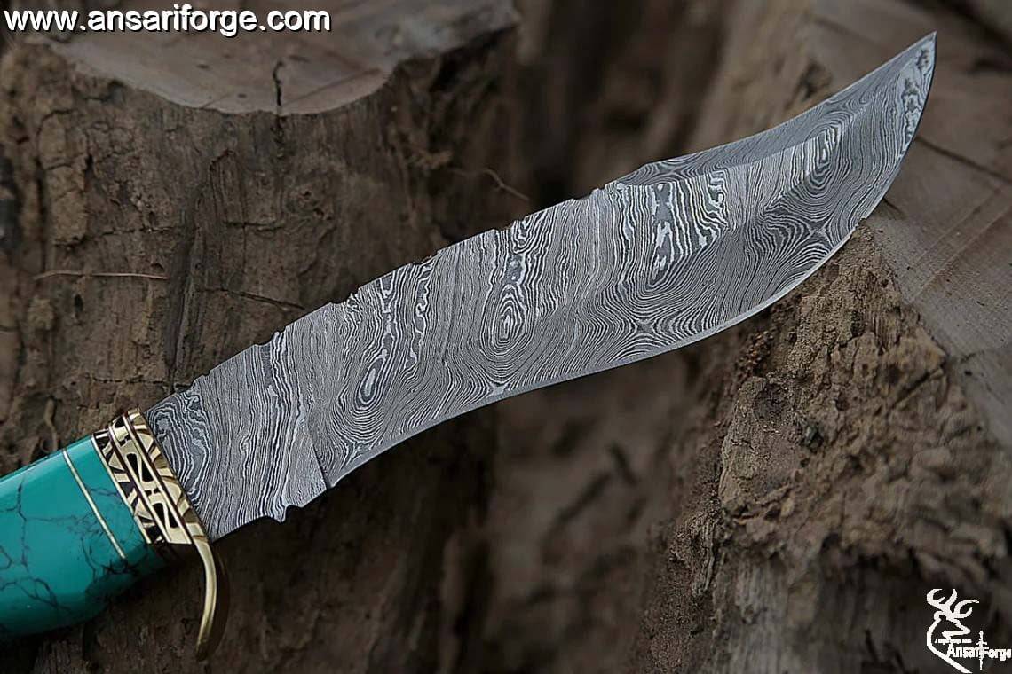 Custom Handmade Damascus Bowie Knife - Turquoise stone handle, brass accents & leather sheath.