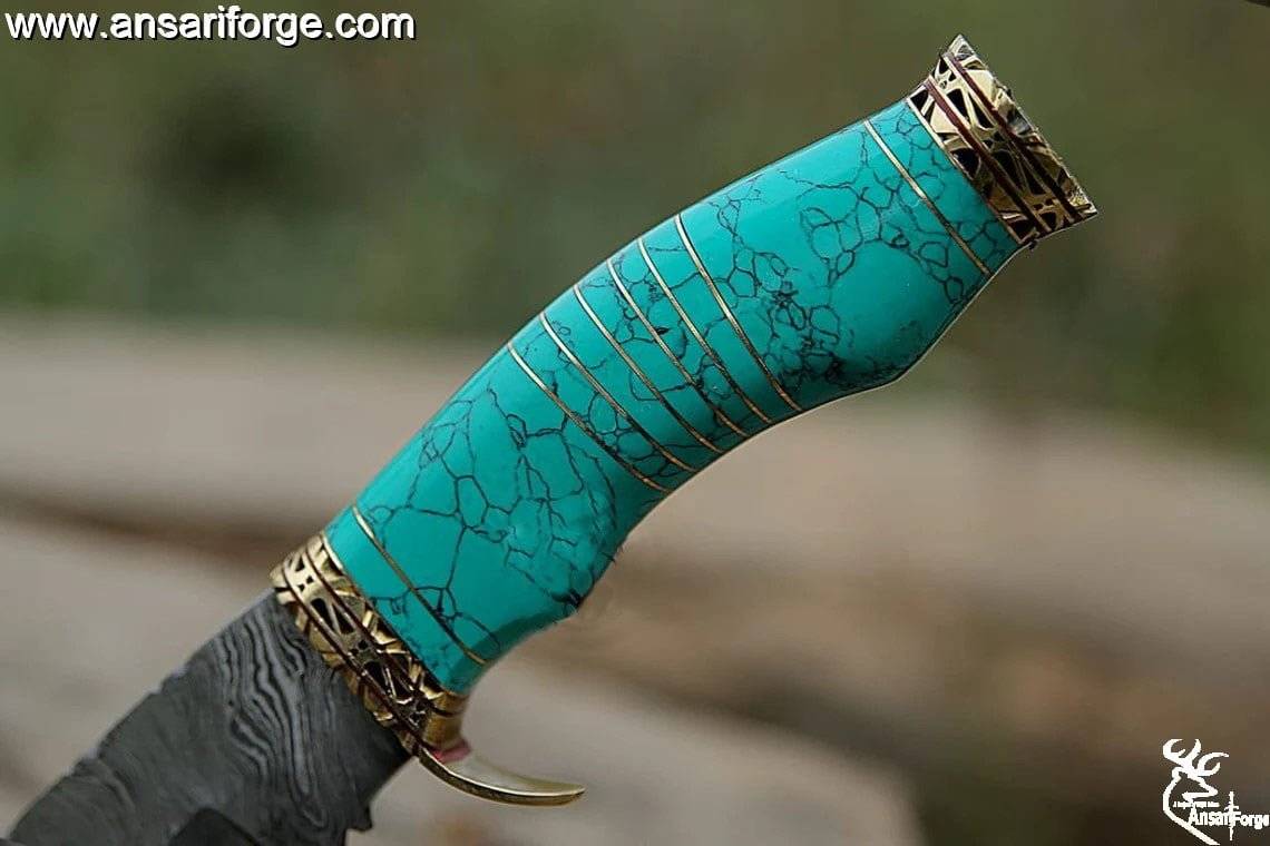 Custom Handmade Damascus Bowie Knife - Turquoise stone handle, brass accents & leather sheath.