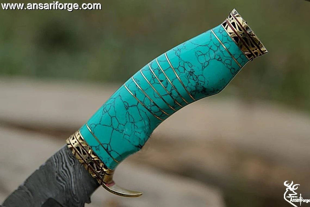 Custom Handmade Damascus Bowie Knife - Turquoise stone handle, brass accents & leather sheath.