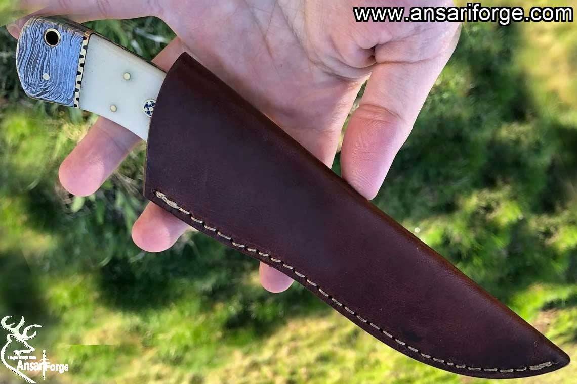 Handmade Damascus steel bone handle hunting knife 9.0 inches survival knife with leather sheath