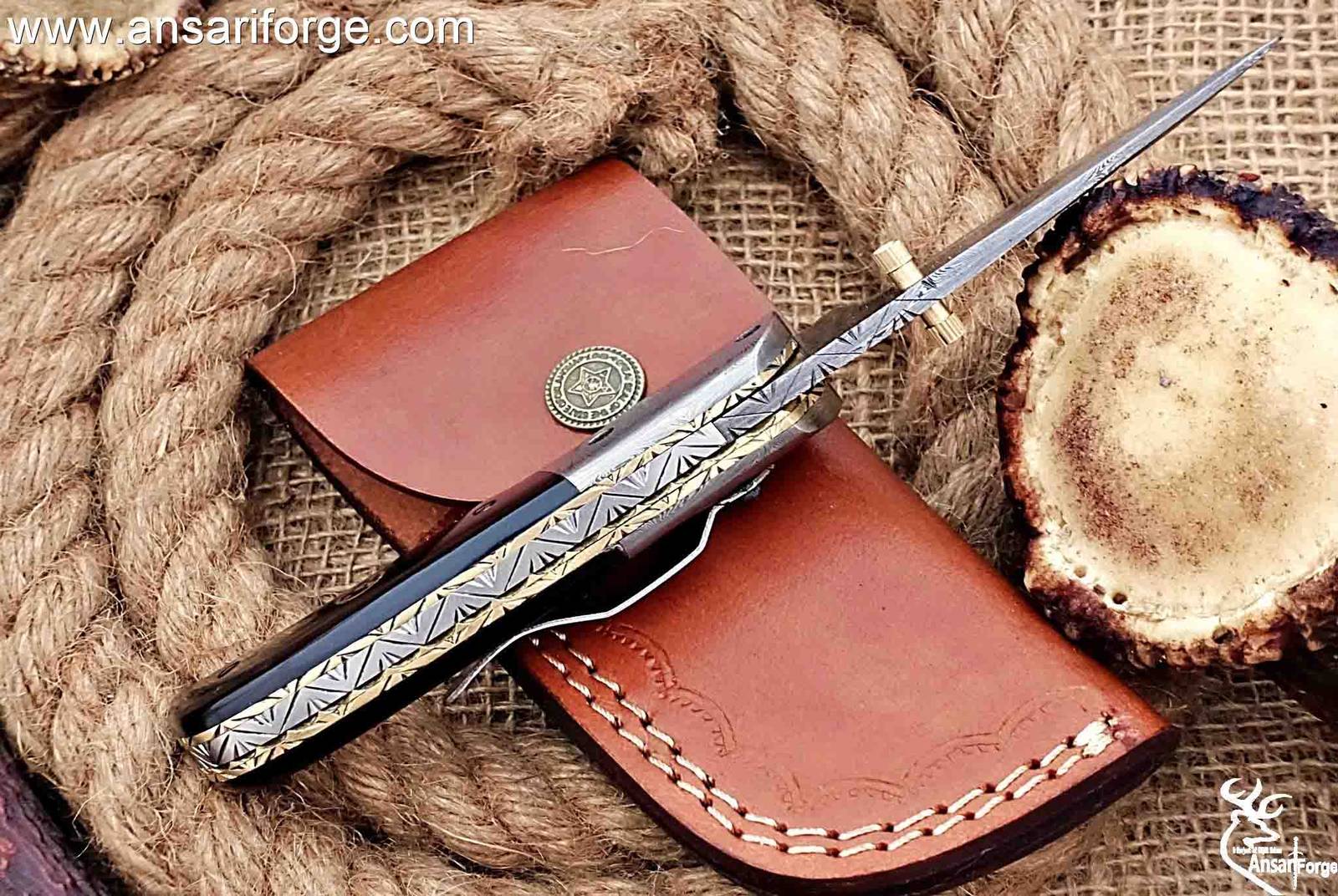 Damascus Folding Pocket Knife with Clip Handmade Folding Knife for EDC Camping, Lined with Lock Device Structure, Buffalo Horn Handle Outdoor Survival Use Camping Fishing and Hunting Knife