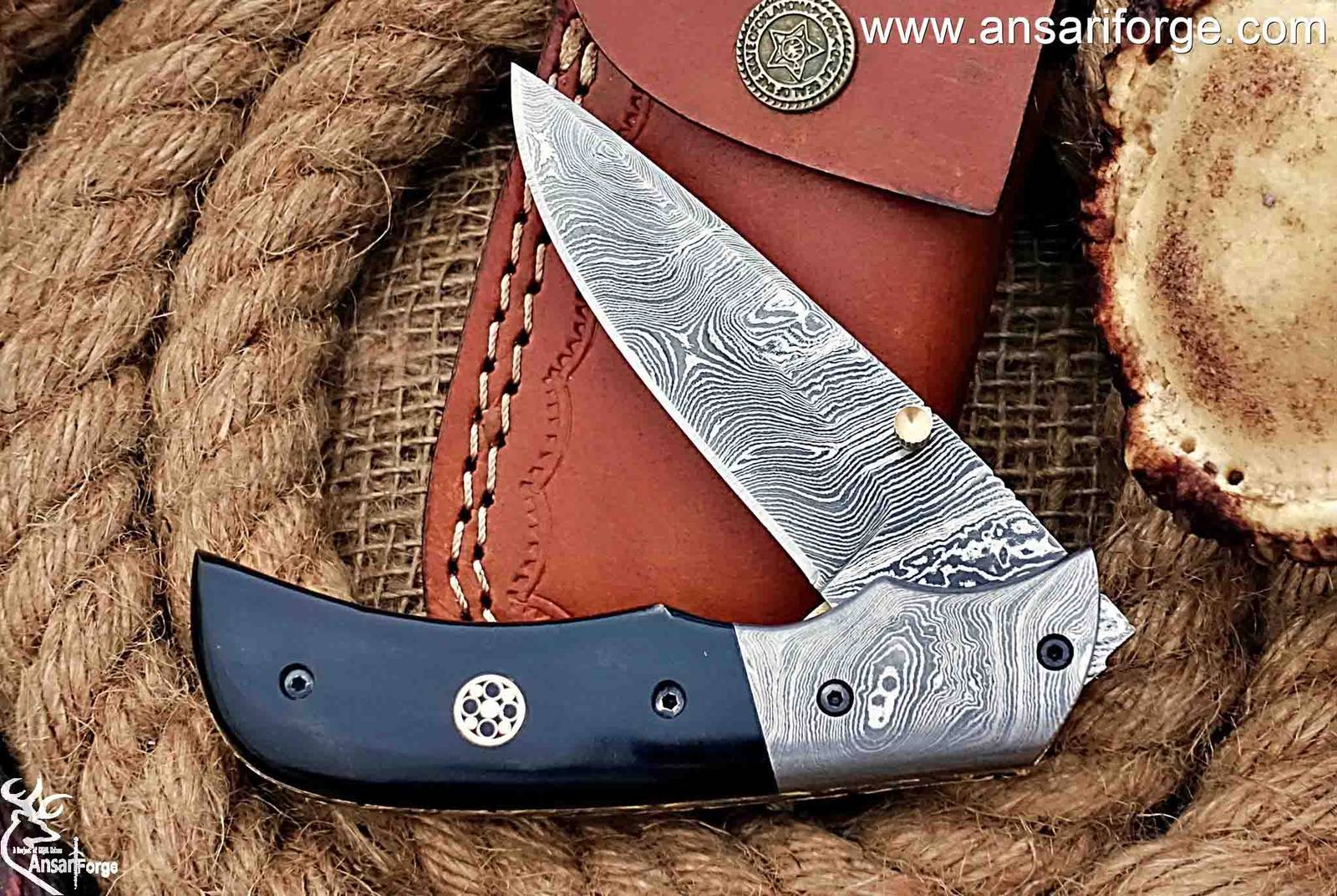 Damascus Folding Pocket Knife with Clip Handmade Folding Knife for EDC Camping, Lined with Lock Device Structure, Buffalo Horn Handle Outdoor Survival Use Camping Fishing and Hunting Knife