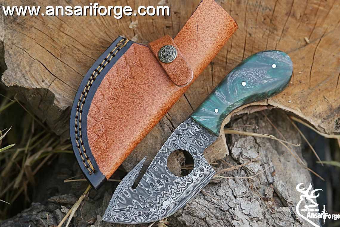 Damascus Gut Hook Knife Made of Remarkable Damascus Steel Resin Handle/w Brown Leather Sheath .