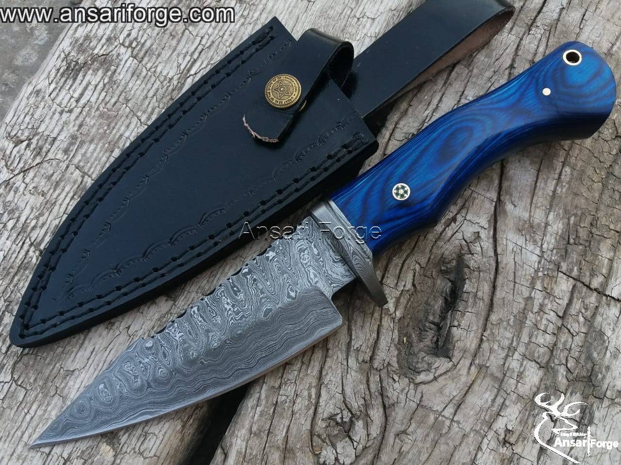 Damascus Steel Hunting Knife by Ansari Forge - Hand-forged fixed blade with ladder pattern, Pakka wood handle, and leather sheath.
