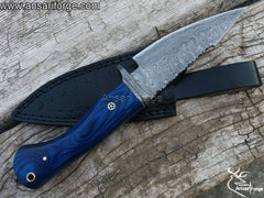 Damascus Steel Hunting Knife by Ansari Forge - Hand-forged fixed blade with ladder pattern, Pakka wood handle, and leather sheath.