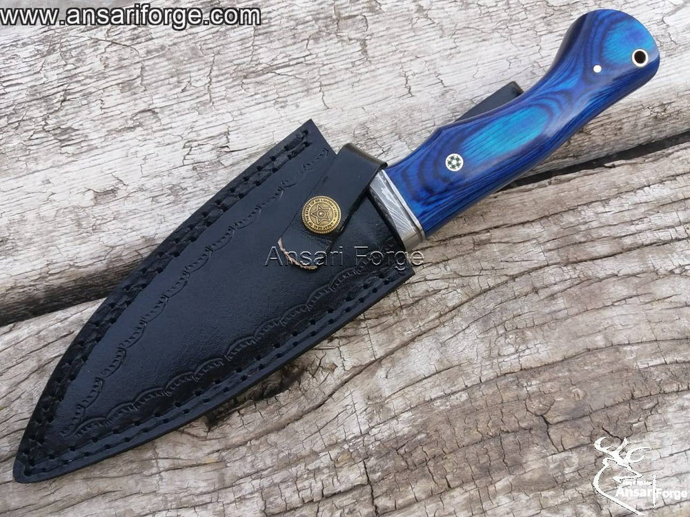 Damascus Steel Hunting Knife by Ansari Forge - Hand-forged fixed blade with ladder pattern, Pakka wood handle, and leather sheath.