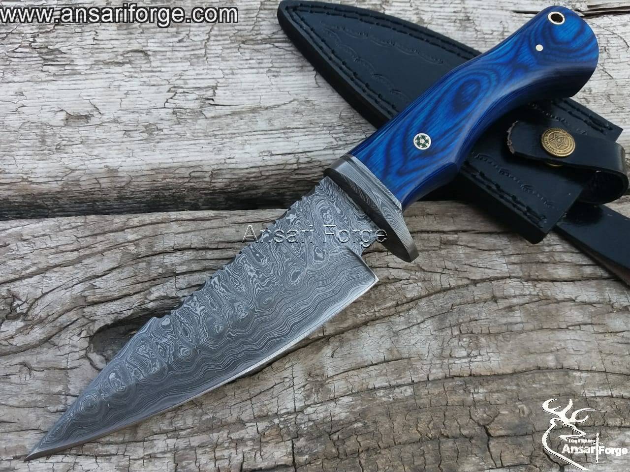 Damascus Steel Hunting Knife by Ansari Forge - Hand-forged fixed blade with ladder pattern, Pakka wood handle, and leather sheath,