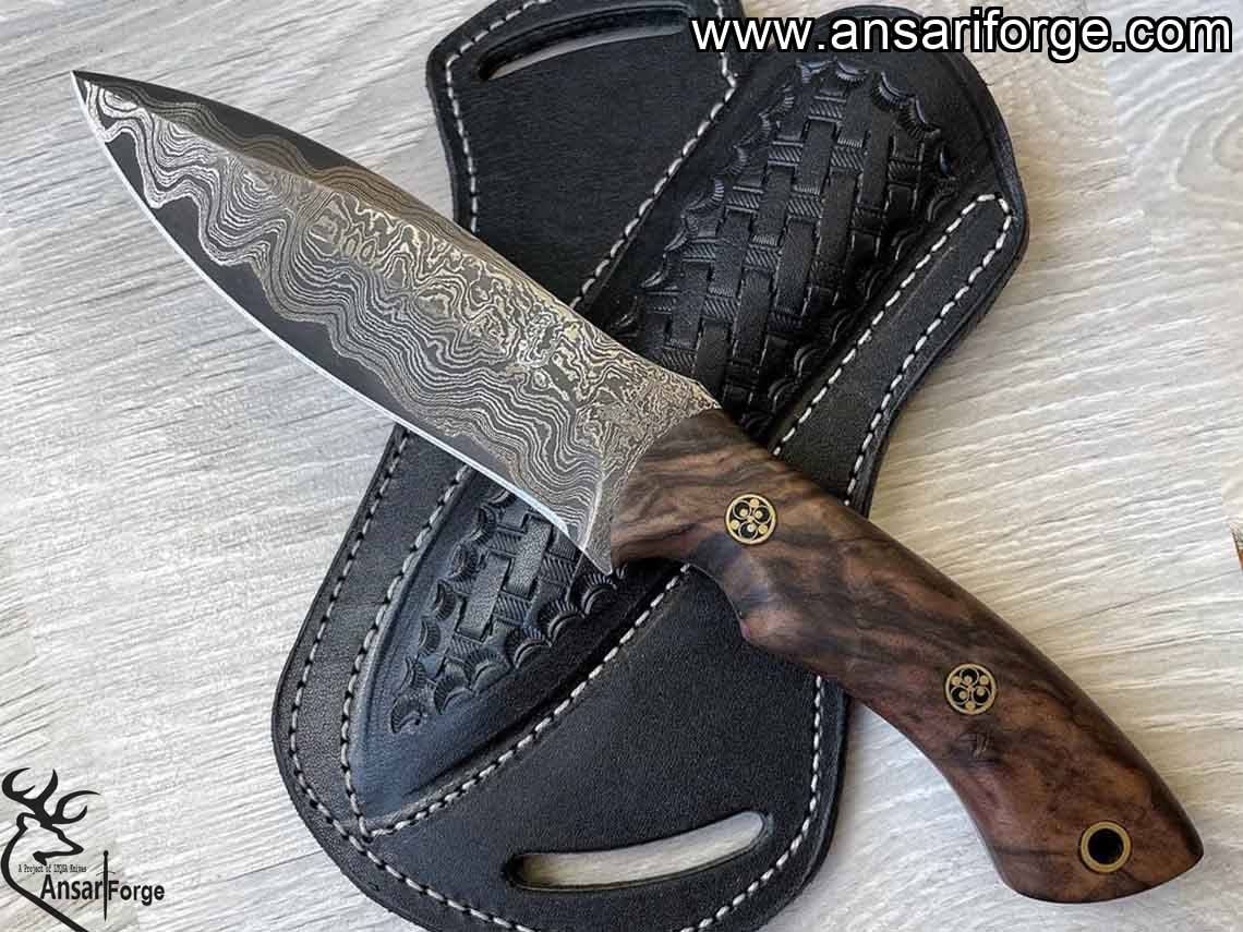 Handmade Damascus Hunting Knife | Bushcraft Knife with Sheath | 9'’ EDC Survival Knife for Men | Fixed Blade | Walnut Wood Handle