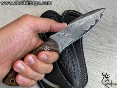 Handmade Damascus Hunting Knife | Bushcraft Knife with Sheath | 9'’ EDC Survival Knife for Men | Fixed Blade | Walnut Wood Handle