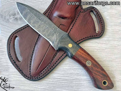 Ansari Forge Handmade Damascus Hunting Knife | Bushcraft Knife with Sheath | 9'’ EDC Survival Knife for Men | Fixed Blade | Rosewood Handle