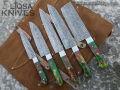 Damascus Chef Knife Set with Hand-Forged Steel Blades, Resin Handles, and Leather Roll Bag