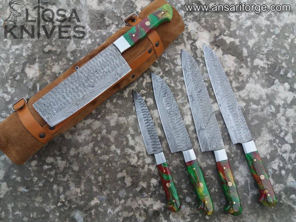 Damascus Chef Knife Set with Hand-Forged Steel Blades, Resin Handles, and Leather Roll Bag.