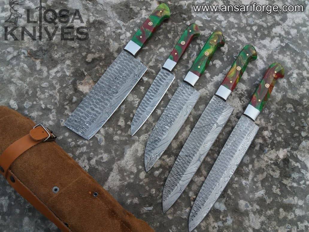 Damascus Chef Knife Set with Hand-Forged Steel Blades, Resin Handles, and Leather Roll Bag