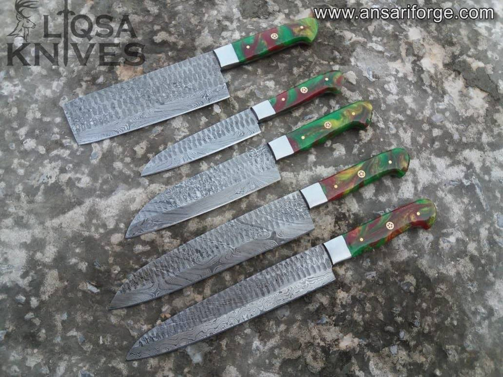 Damascus Chef Knife Set with Hand-Forged Steel Blades, Resin Handles, and Leather Roll Bag
