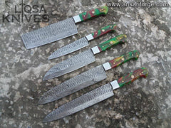 Damascus Chef Knife Set with Hand-Forged Steel Blades, Resin Handles, and Leather Roll Bag