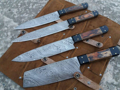 chef knife set damascus steel with leather roll bag, showcasing hand-forged blades.