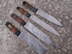 Close-up of a chef knife set blade, highlighting the twist pattern of 1095 high carbon & 15n20 nickel Damascus steel.
