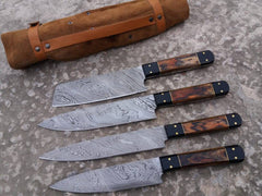 Damascus steel chef knife set with its handmade genuine cowhide leather roll bag, ready for storage or travel.