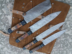 Full view of the Ansari Forge custom chef knife set with buffalo horn bolsters and Pakka wood handles.