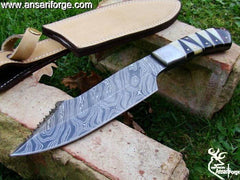Custom Made Damascus Tactical Hunting Knife 13 inches long with Leather sheath