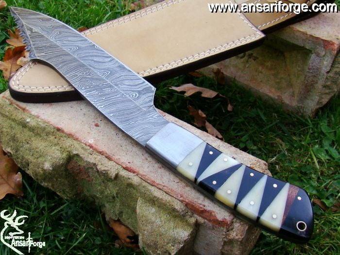 Custom Made Damascus Tactical Hunting Knife 13 inches long with Leather sheath