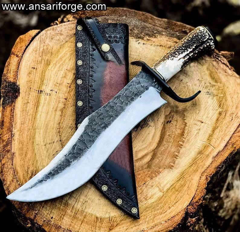 Hand Forged Flint Knapped Bowie Knife - Stag Antler Handle Clip Point 5160 Blade