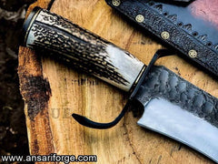 Hand Forged Flint Knapped Bowie Knife - Stag Antler Handle Clip Point 5160 Blade