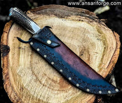 Hand Forged Flint Knapped Bowie Knife - Stag Antler Handle Clip Point 5160 Blade